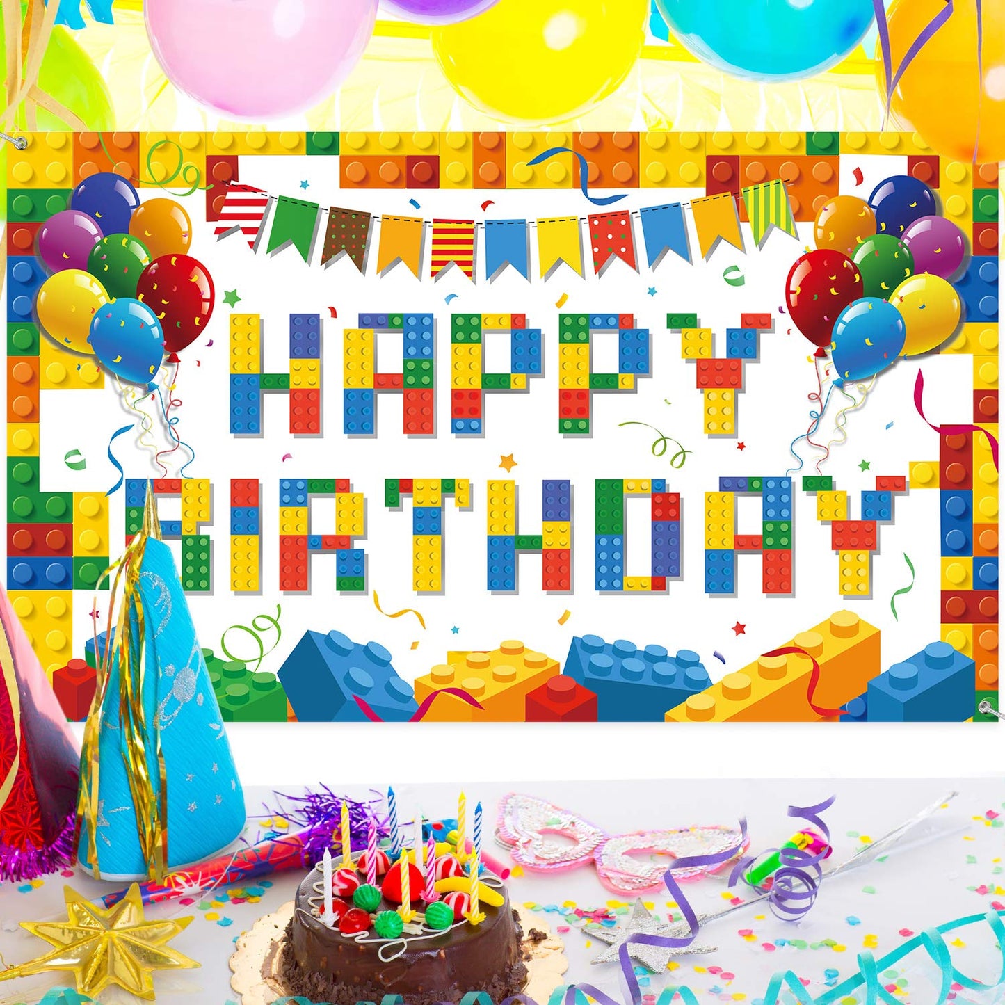 Tatuo Building Block Happy Birthday Backdrop - Colorful Block Party Banner 72.8 x 43.3 in