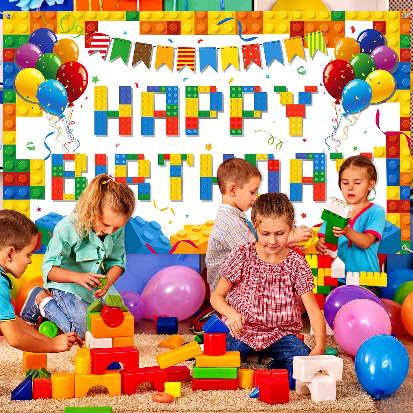 Tatuo Building Block Happy Birthday Backdrop - Colorful Block Party Banner 72.8 x 43.3 in