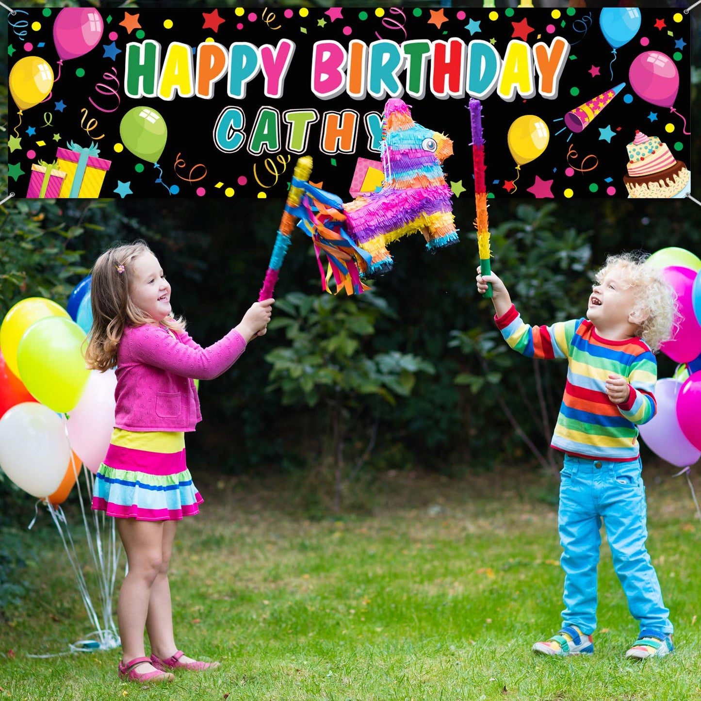 Tatuo Personalized Birthday Banner with Name - DIY Colorful Backdrop for Parties (Black)