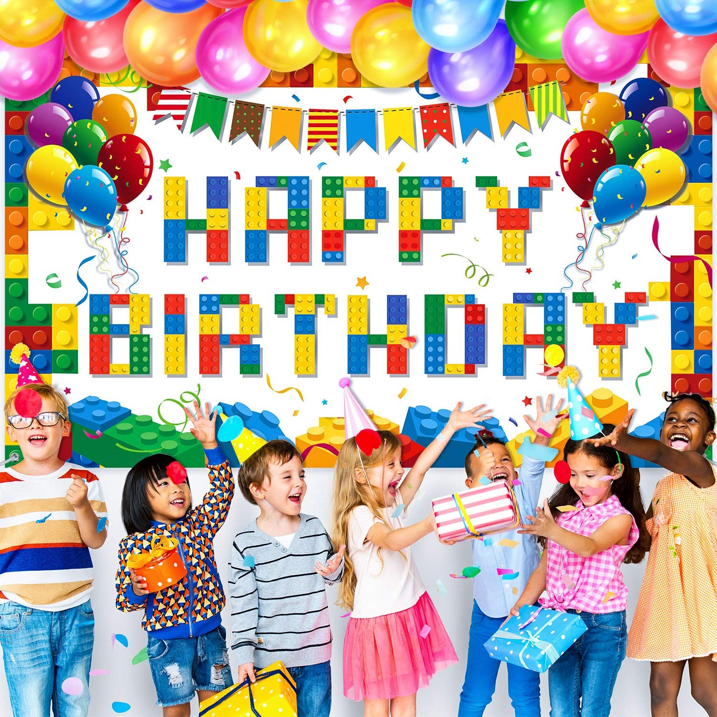 Tatuo Building Block Happy Birthday Backdrop - Colorful Block Party Banner 72.8 x 43.3 in