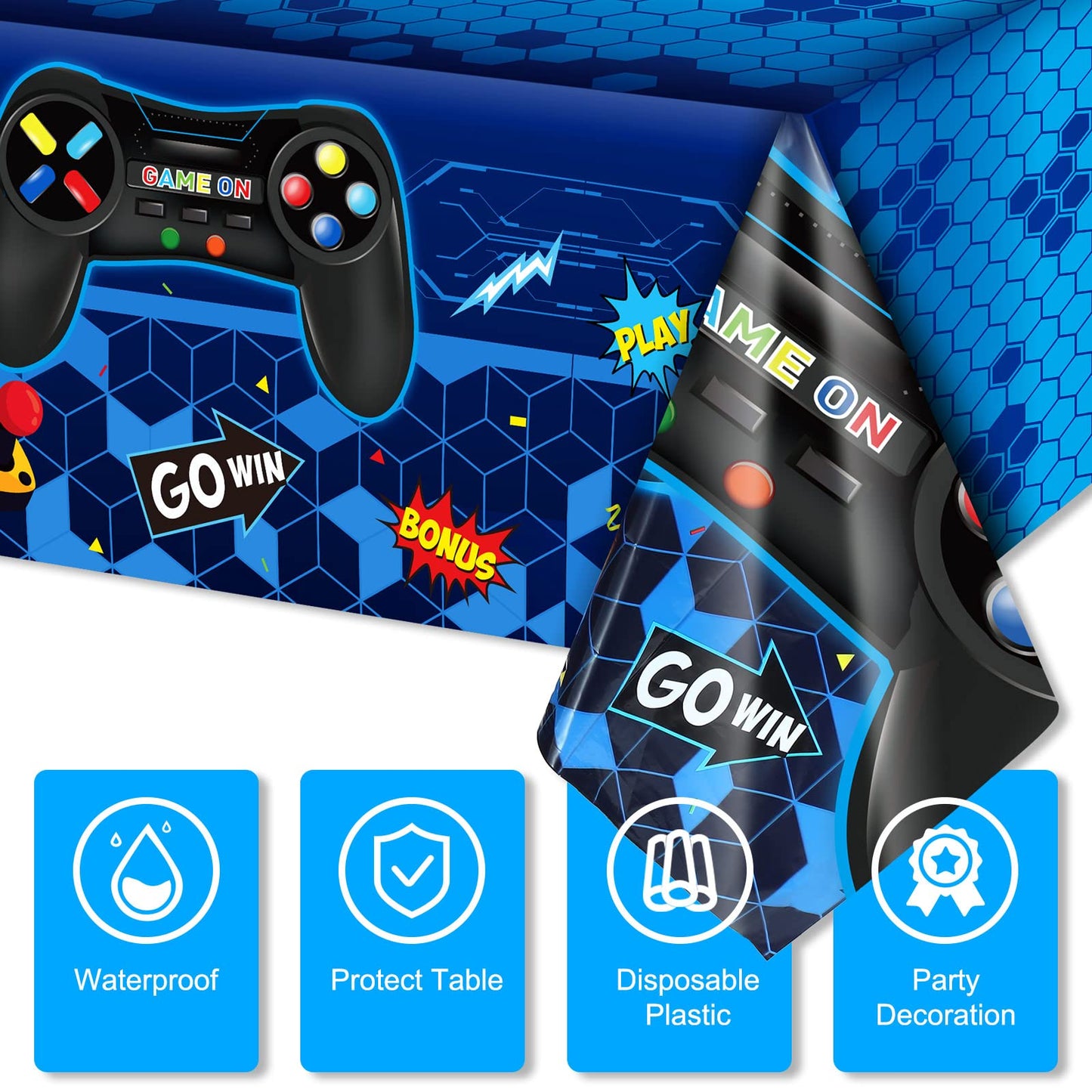Tatuo 3-Pcs Video Game Table Cover – Blue, 54 x 108 in | Game Theme Birthday Party Decor