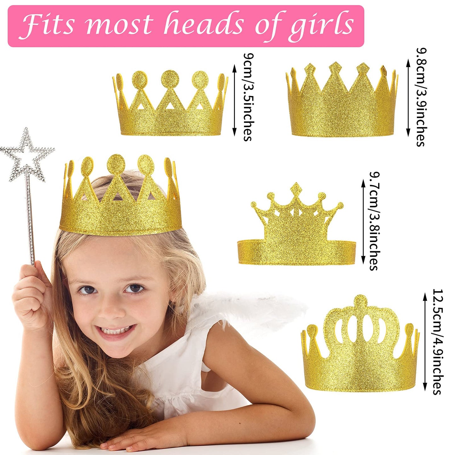 Tatuo 4 Pcs Gold Felt Crown for Kids – Glitter Birthday Crowns for Boys & Girls