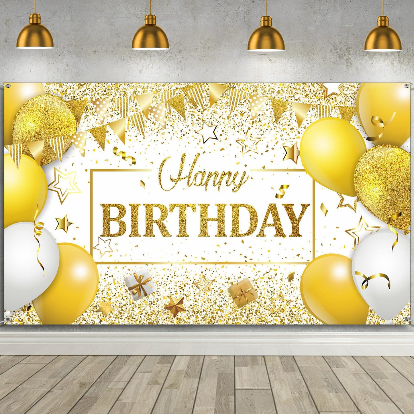 Tatuo Happy Birthday Decorations Backdrop Banner, Navy White Gold, 72.8 x 43.3 in