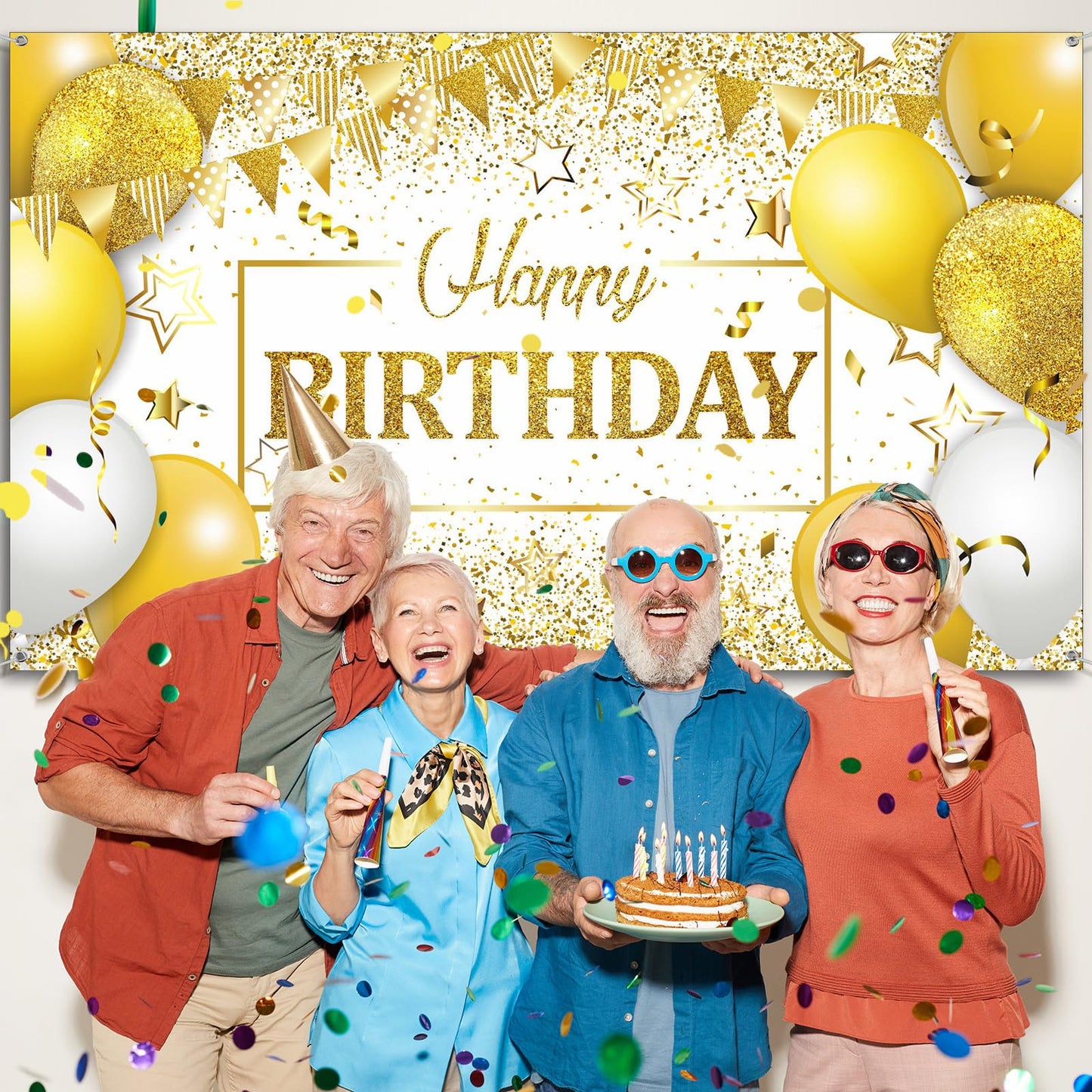 Tatuo Happy Birthday Decorations Backdrop Banner, Navy White Gold, 72.8 x 43.3 in