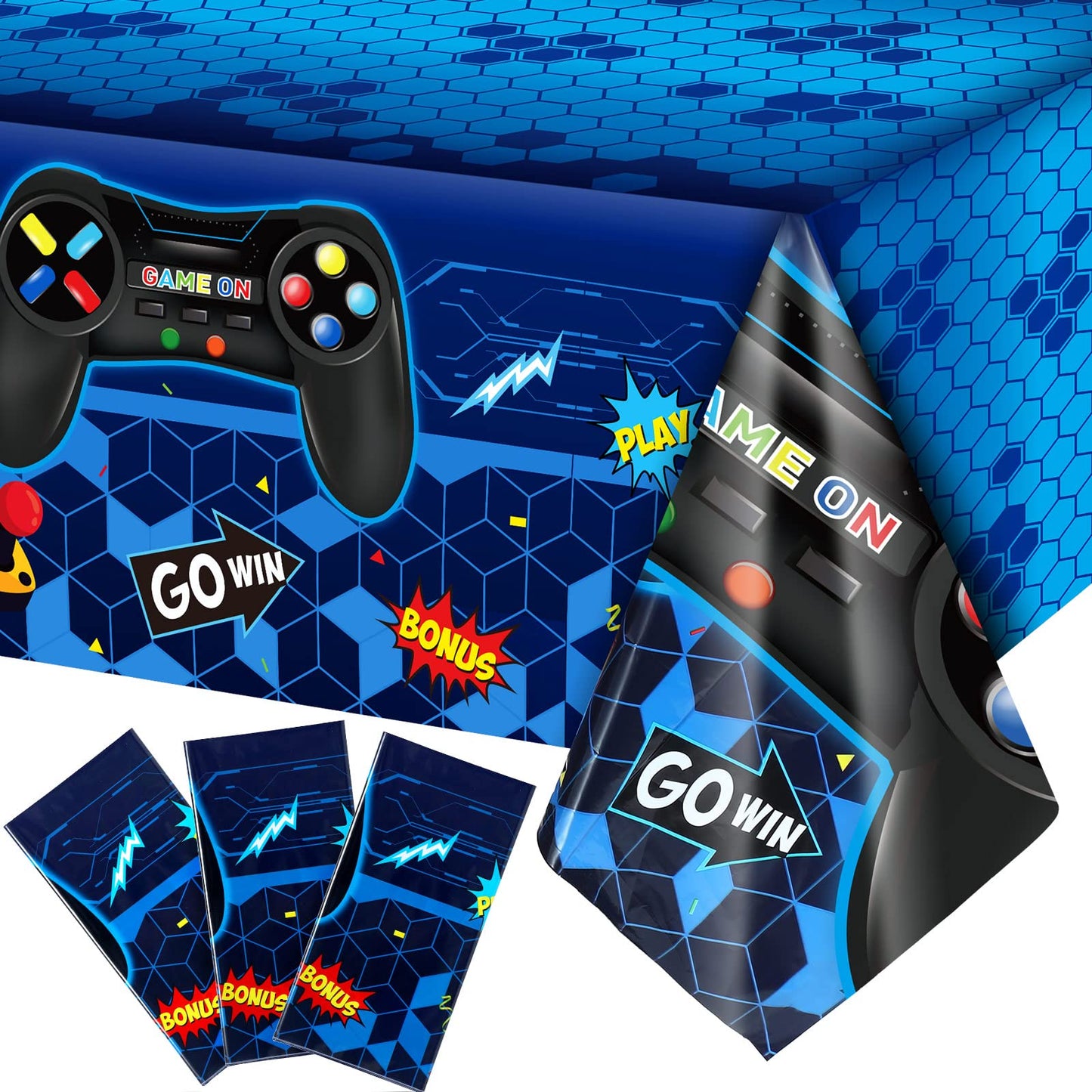 Tatuo 3-Pcs Video Game Table Cover – Blue, 54 x 108 in | Game Theme Birthday Party Decor