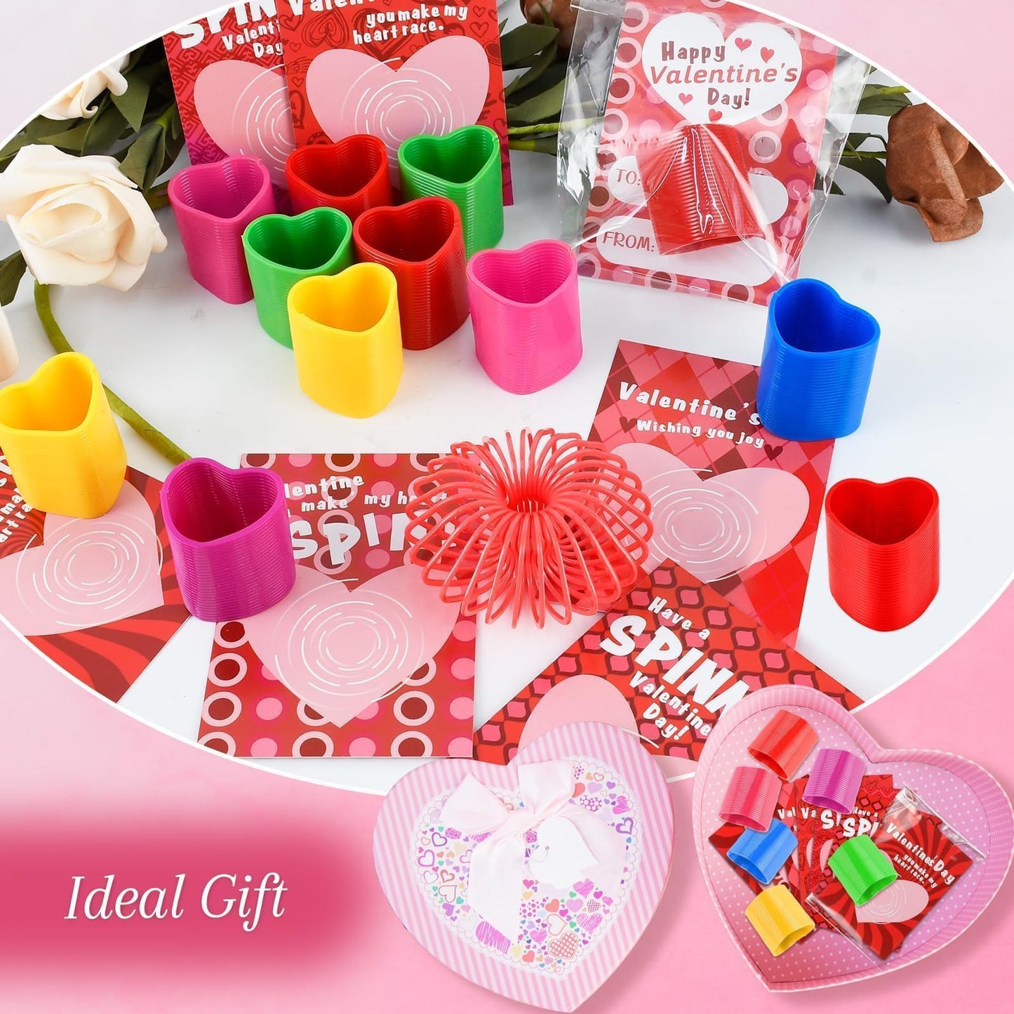 TATWOQ Valentine Fidget Toys with Cards – 24 Pack Hearts & Coil Springs (6 Colors)