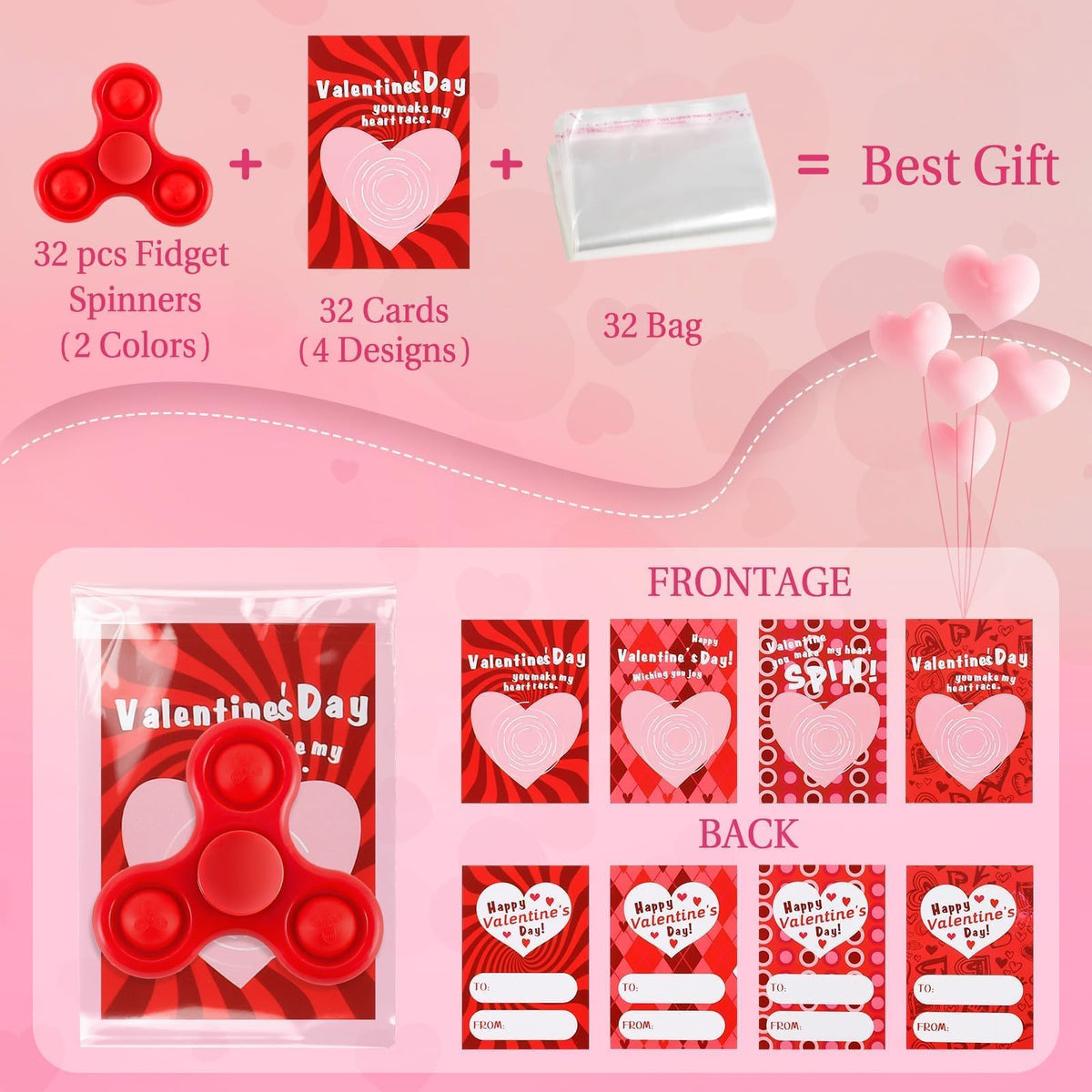 TATWOQ Valentines Day Fidget Spinners & Cards – 32-Piece Classroom Gift Set (Red & Pink)