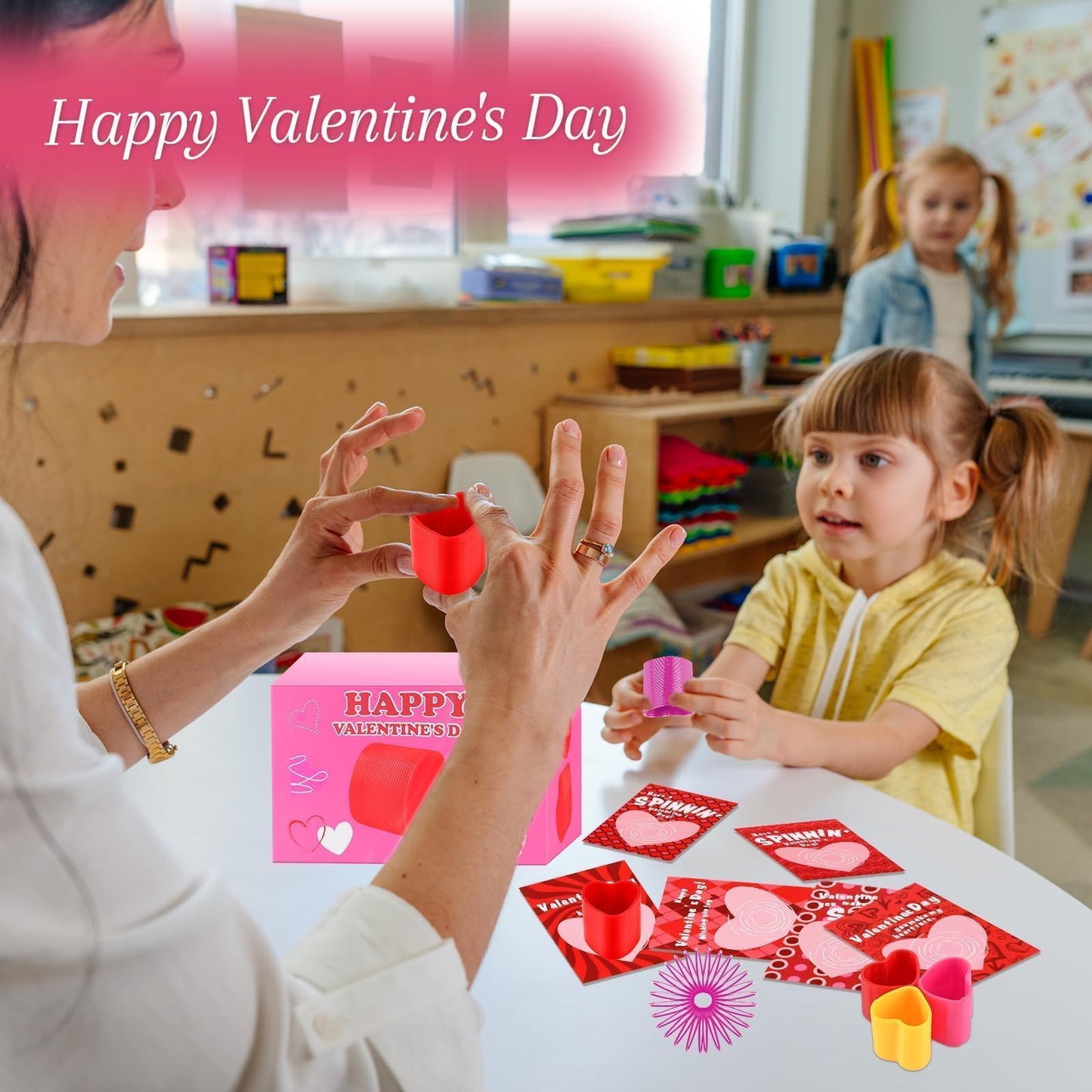 TATWOQ Valentine Fidget Toys with Cards – 24 Pack Hearts & Coil Springs (6 Colors)