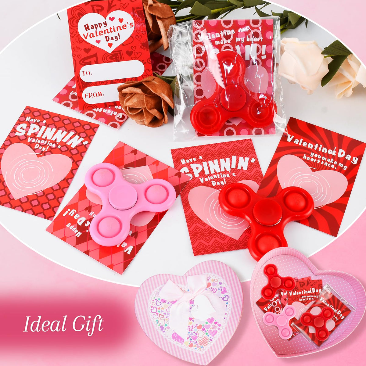 TATWOQ Valentines Day Fidget Spinners & Cards – 32-Piece Classroom Gift Set (Red & Pink)
