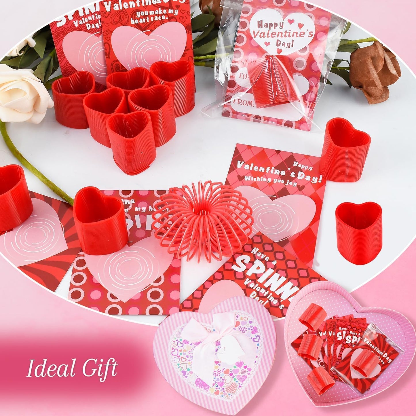 TATWOQ Valentine Fidget Toys with Cards – 24-Pack Heart Coil Springs for Class & Party Favors (Red)