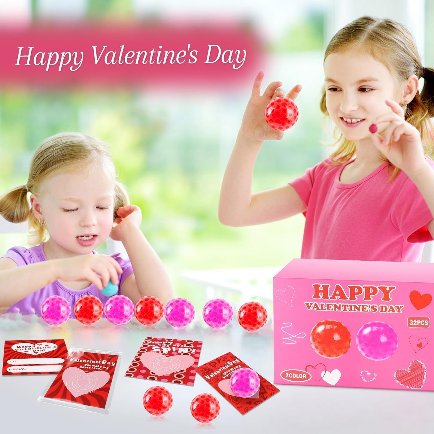 TATWOQ Valentines Day Stress Balls 32 Pack with Cards – Kids Gifts & Class Rewards