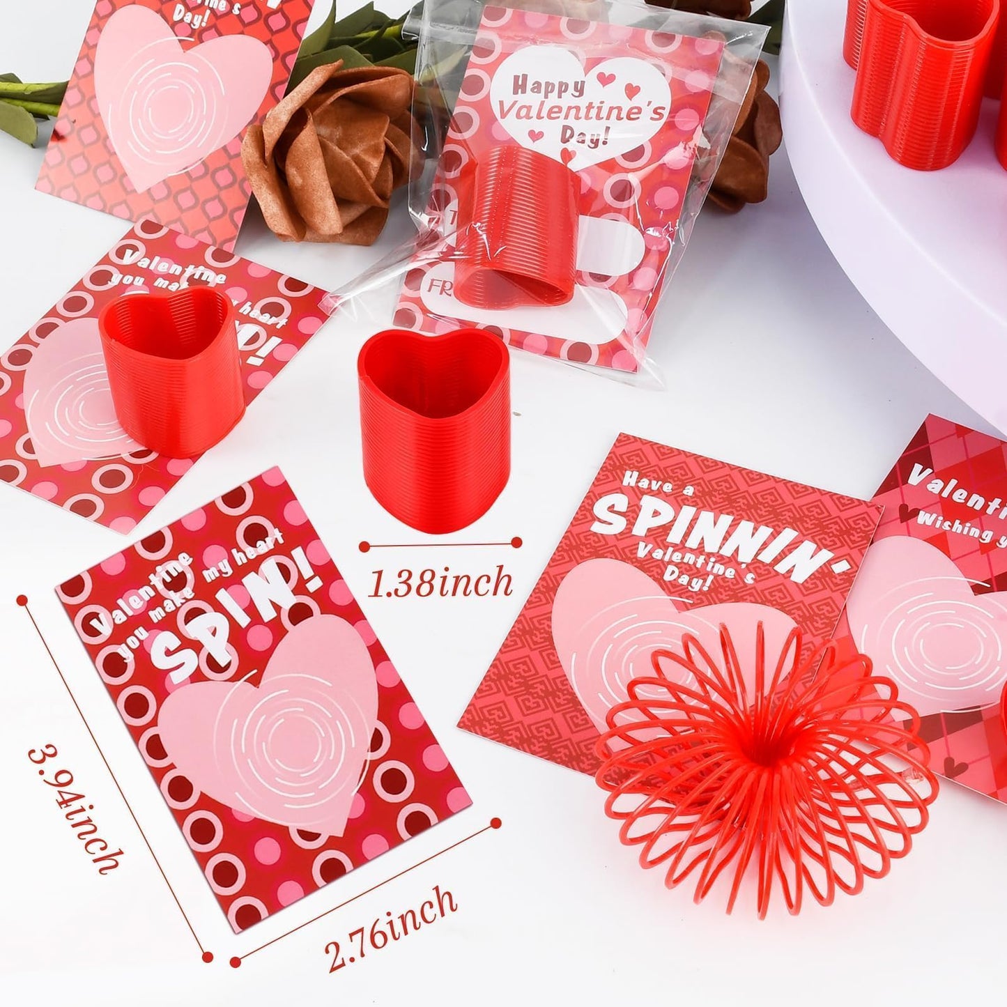 TATWOQ Valentine Fidget Toys with Cards – 24-Pack Heart Coil Springs for Class & Party Favors (Red)