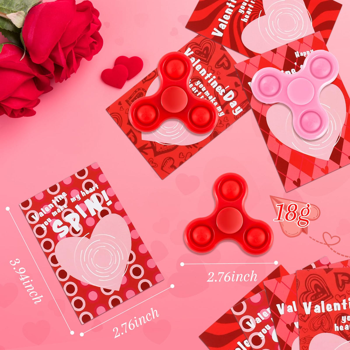 TATWOQ Valentines Day Fidget Spinners & Cards – 32-Piece Classroom Gift Set (Red & Pink)