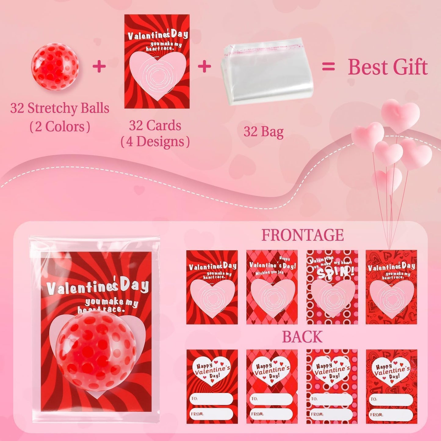 TATWOQ Valentines Day Stress Balls 32 Pack with Cards – Kids Gifts & Class Rewards