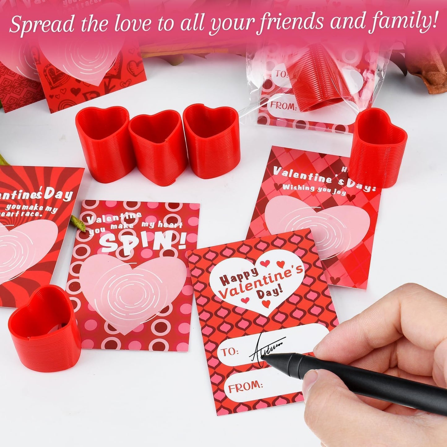 TATWOQ Valentine Fidget Toys with Cards – 24-Pack Heart Coil Springs for Class & Party Favors (Red)