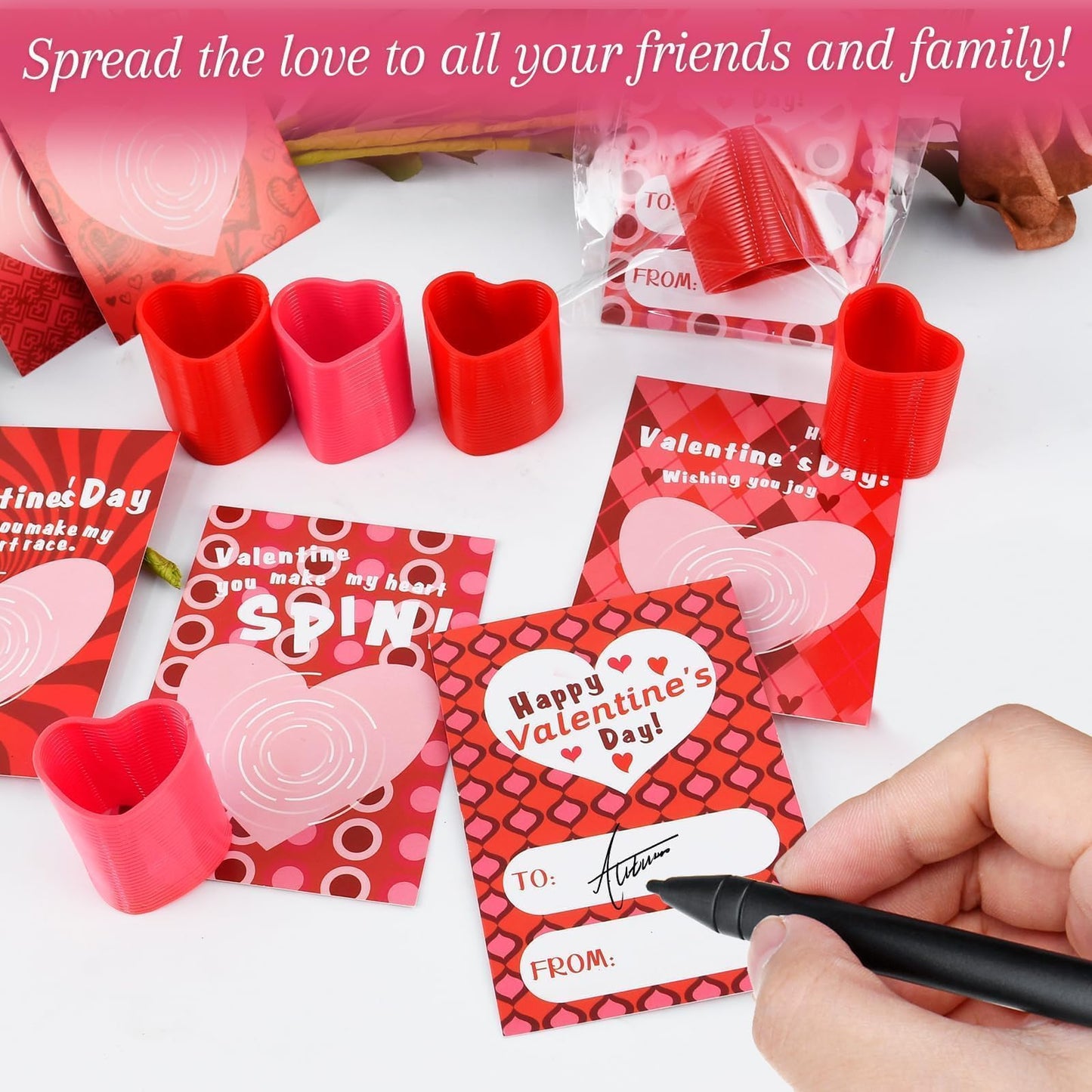 TATWOQ Valentine Fidget Toys with Cards – 24-Pack for Kids, Heart Coil Springs, Classroom Gifts & Party Favors
