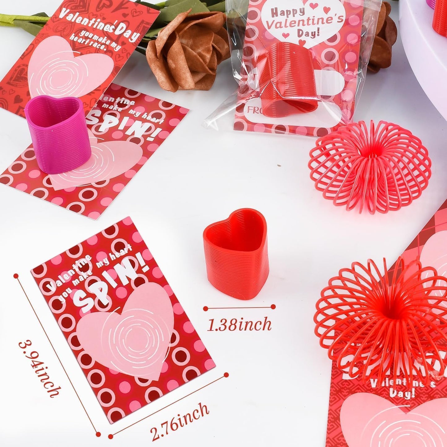 TATWOQ Valentine Fidget Toys 24 Pack with Cards – Heart Coil Springs for Classroom Gifts (Red, Pink, Purple)