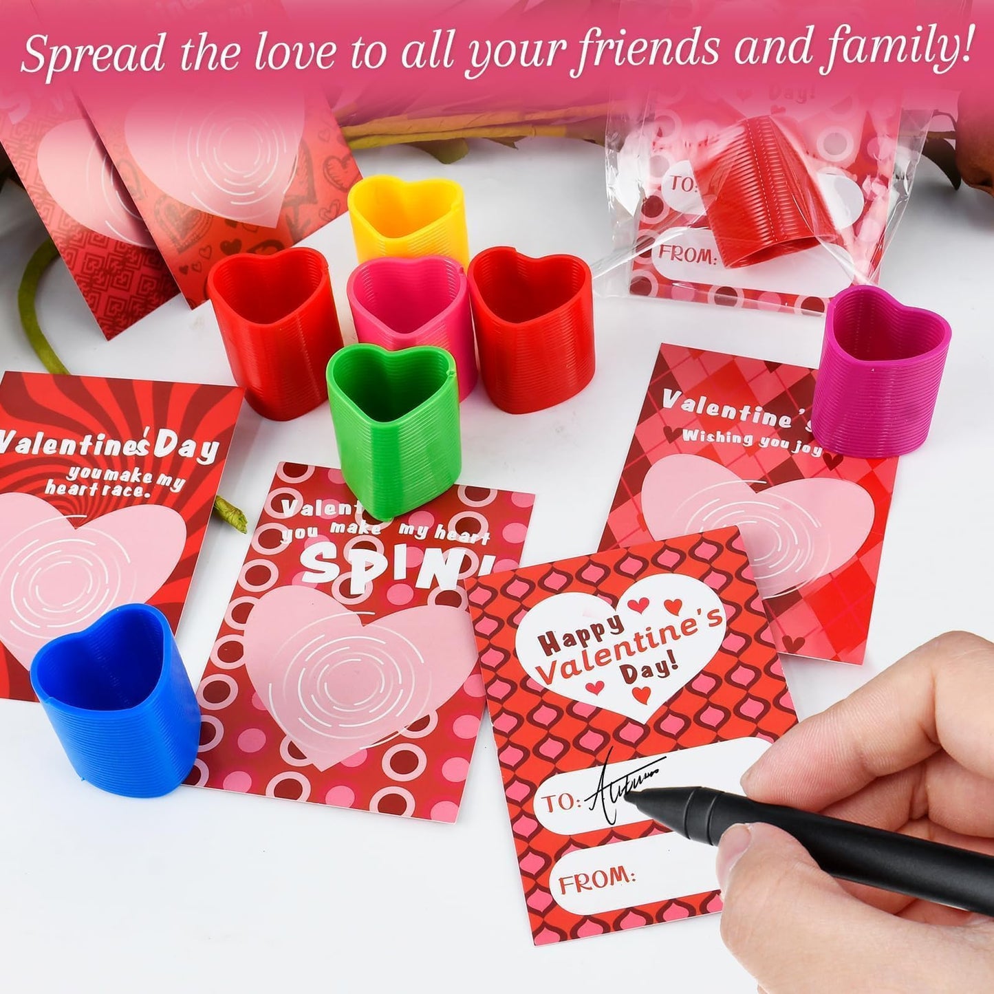 TATWOQ Valentine Fidget Toys with Cards – 24 Pack Hearts & Coil Springs (6 Colors)