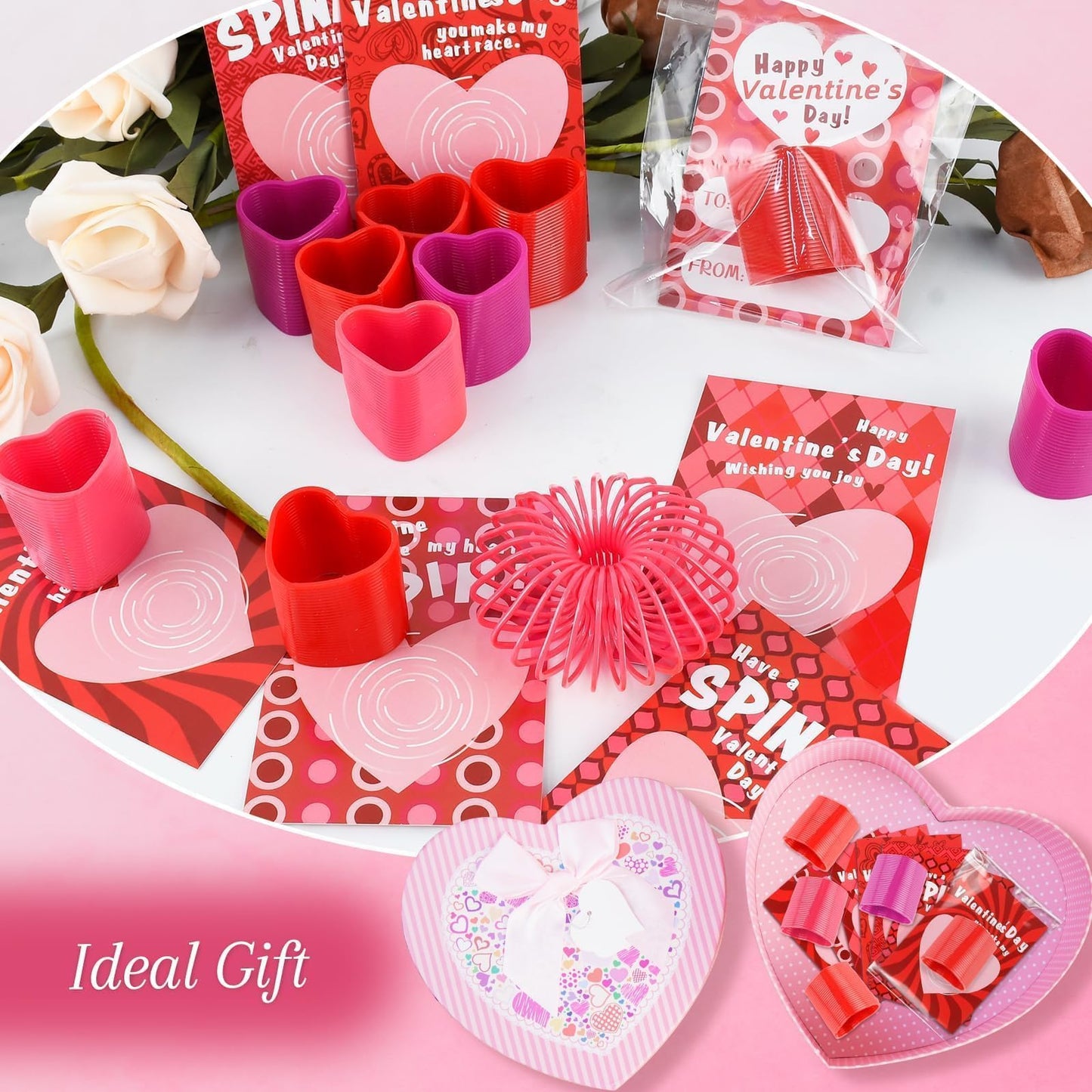 TATWOQ Valentine Fidget Toys 24 Pack with Cards – Heart Coil Springs for Classroom Gifts (Red, Pink, Purple)