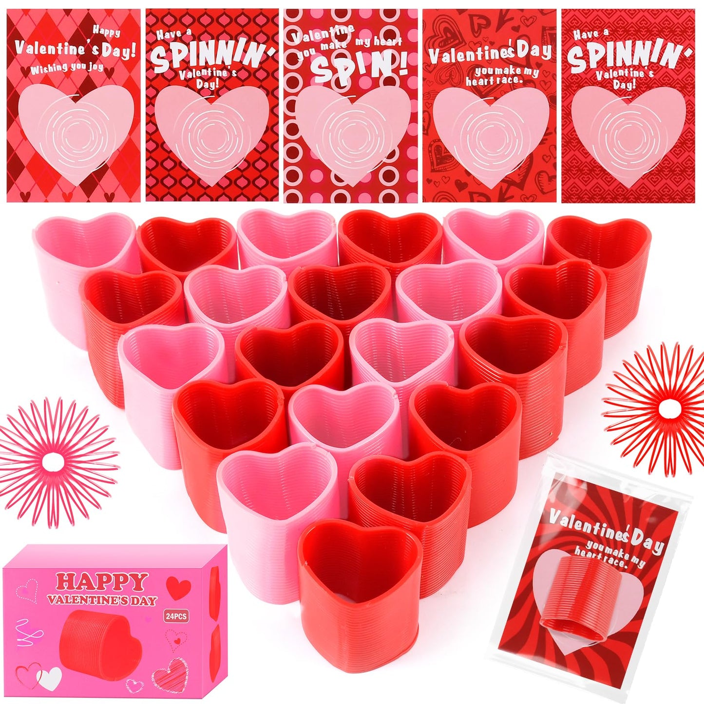 TATWOQ Valentine Fidget Toys with Cards – 24-Pack for Kids, Heart Coil Springs, Classroom Gifts & Party Favors