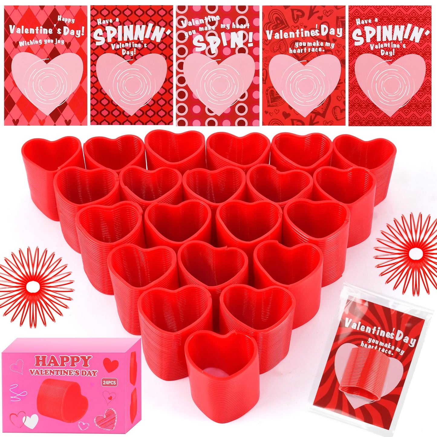 TATWOQ Valentine Fidget Toys with Cards – 24-Pack Heart Coil Springs for Class & Party Favors (Red)