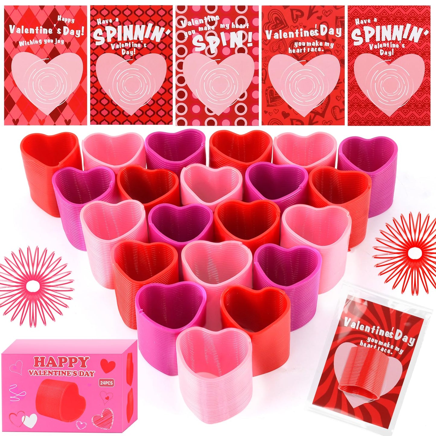 TATWOQ Valentine Fidget Toys 24 Pack with Cards – Heart Coil Springs for Classroom Gifts (Red, Pink, Purple)