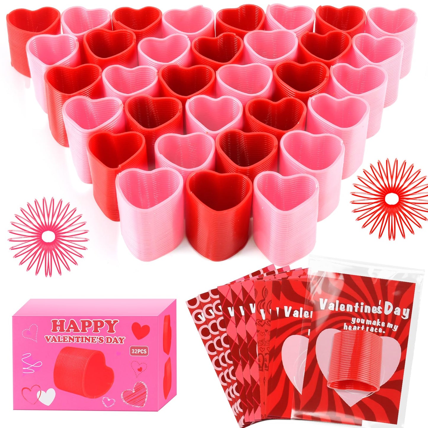 TATWOQ Valentine Fidget Toys 32 Pack – Cards & Heart Coil Springs