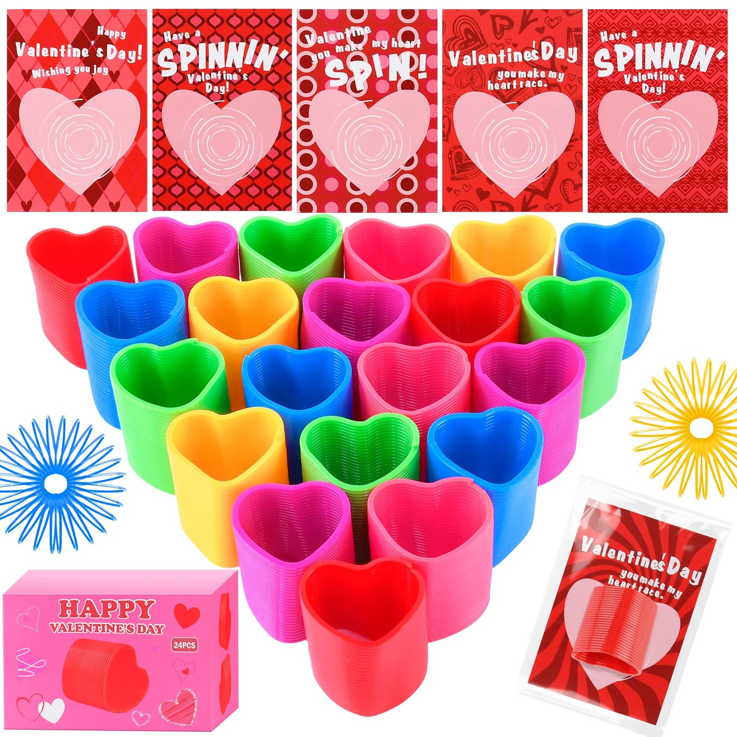 TATWOQ Valentine Fidget Toys with Cards – 24 Pack Hearts & Coil Springs (6 Colors)
