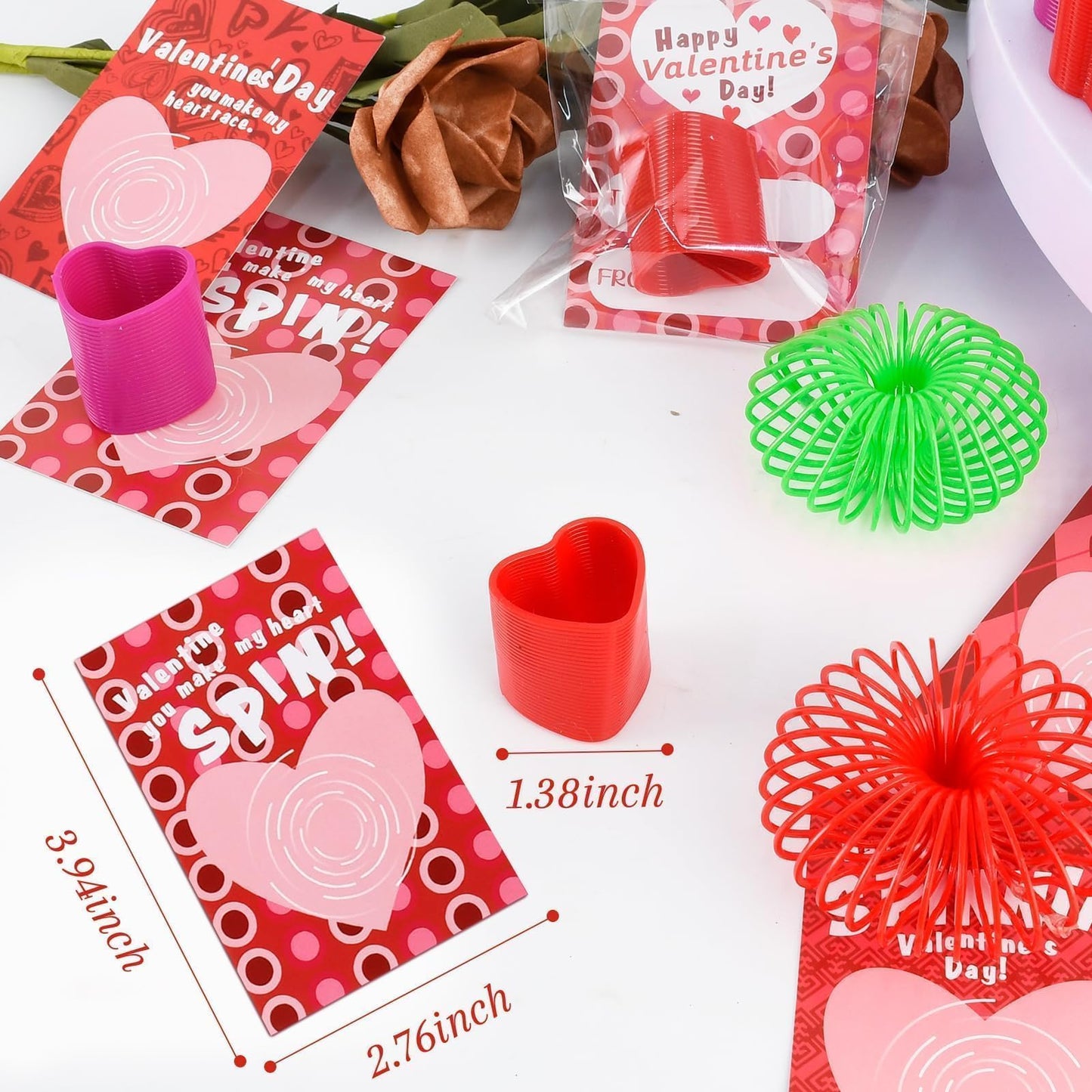 TATWOQ Valentine Fidget Toys with Cards – 24 Pack Hearts & Coil Springs (6 Colors)