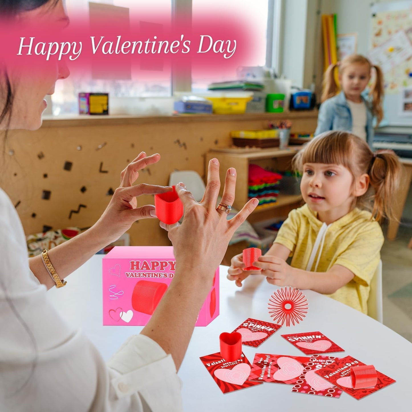TATWOQ Valentine Fidget Toys with Cards – 24-Pack Heart Coil Springs for Class & Party Favors (Red)