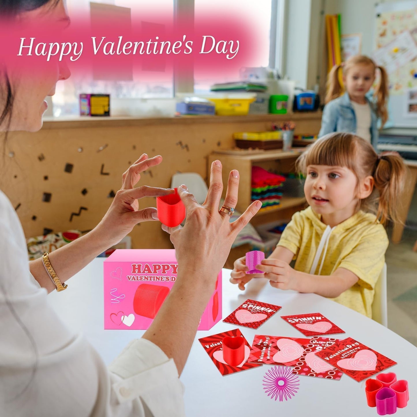 TATWOQ Valentine Fidget Toys 24 Pack with Cards – Heart Coil Springs for Classroom Gifts (Red, Pink, Purple)