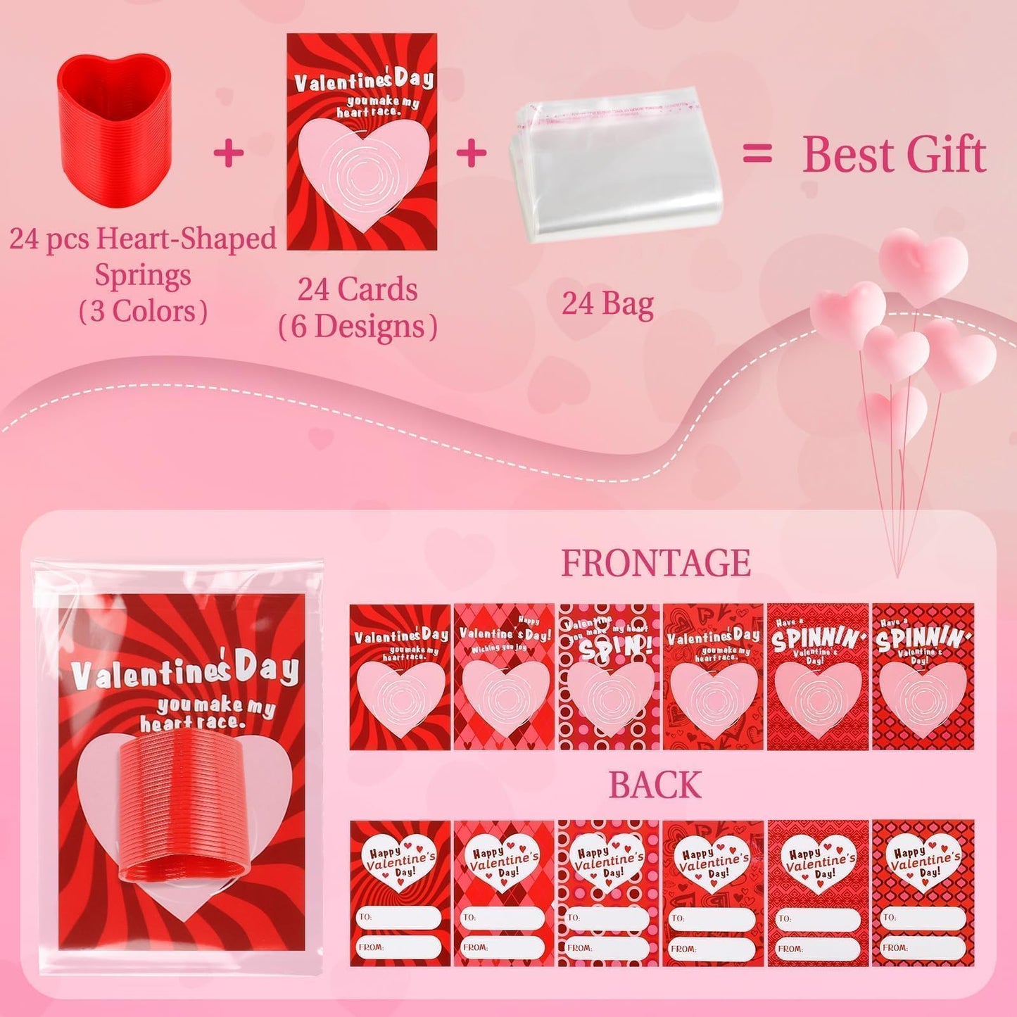 TATWOQ Valentine Fidget Toys 24 Pack with Cards – Heart Coil Springs for Classroom Gifts (Red, Pink, Purple)