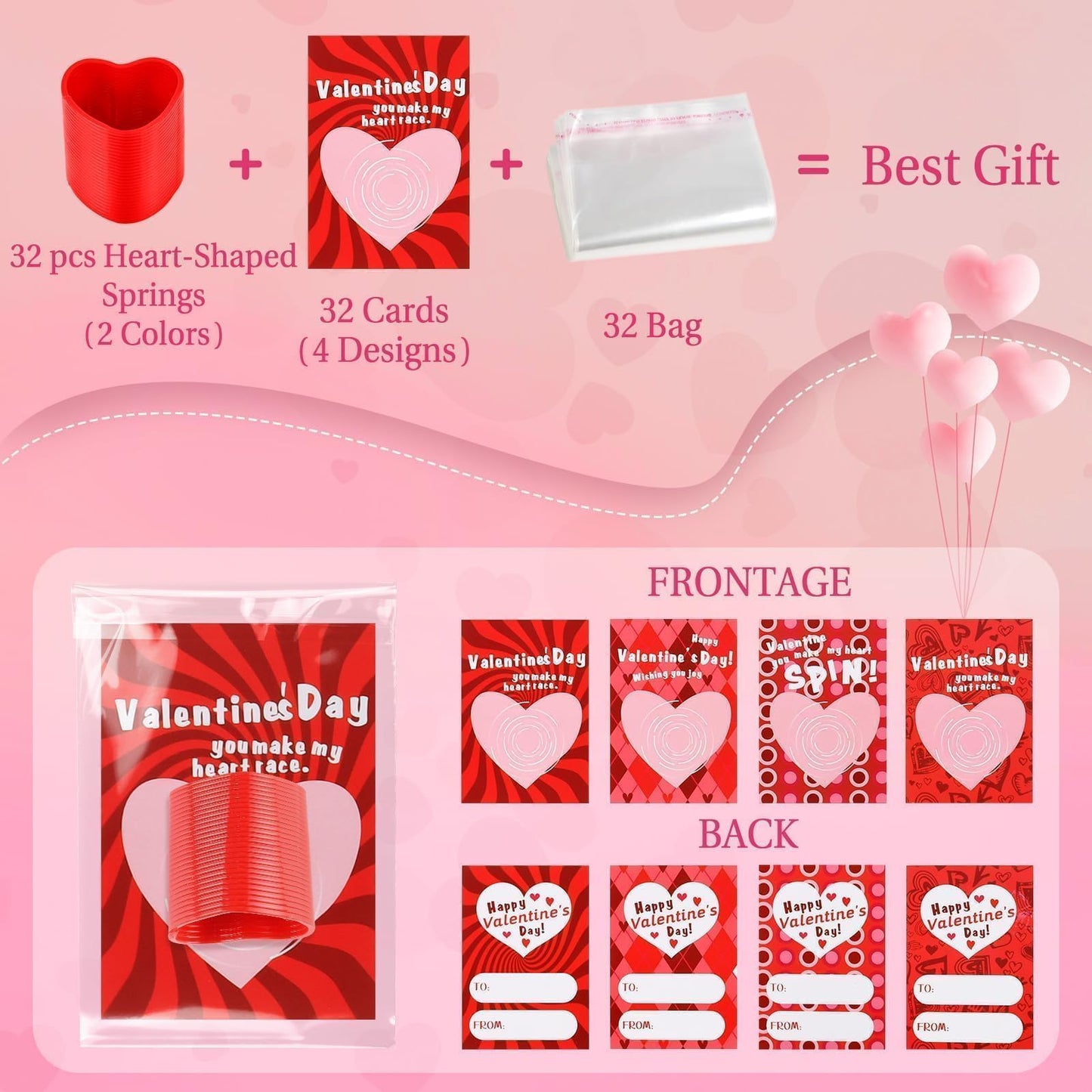 TATWOQ Valentine Fidget Toys 32 Pack – Cards & Heart Coil Springs