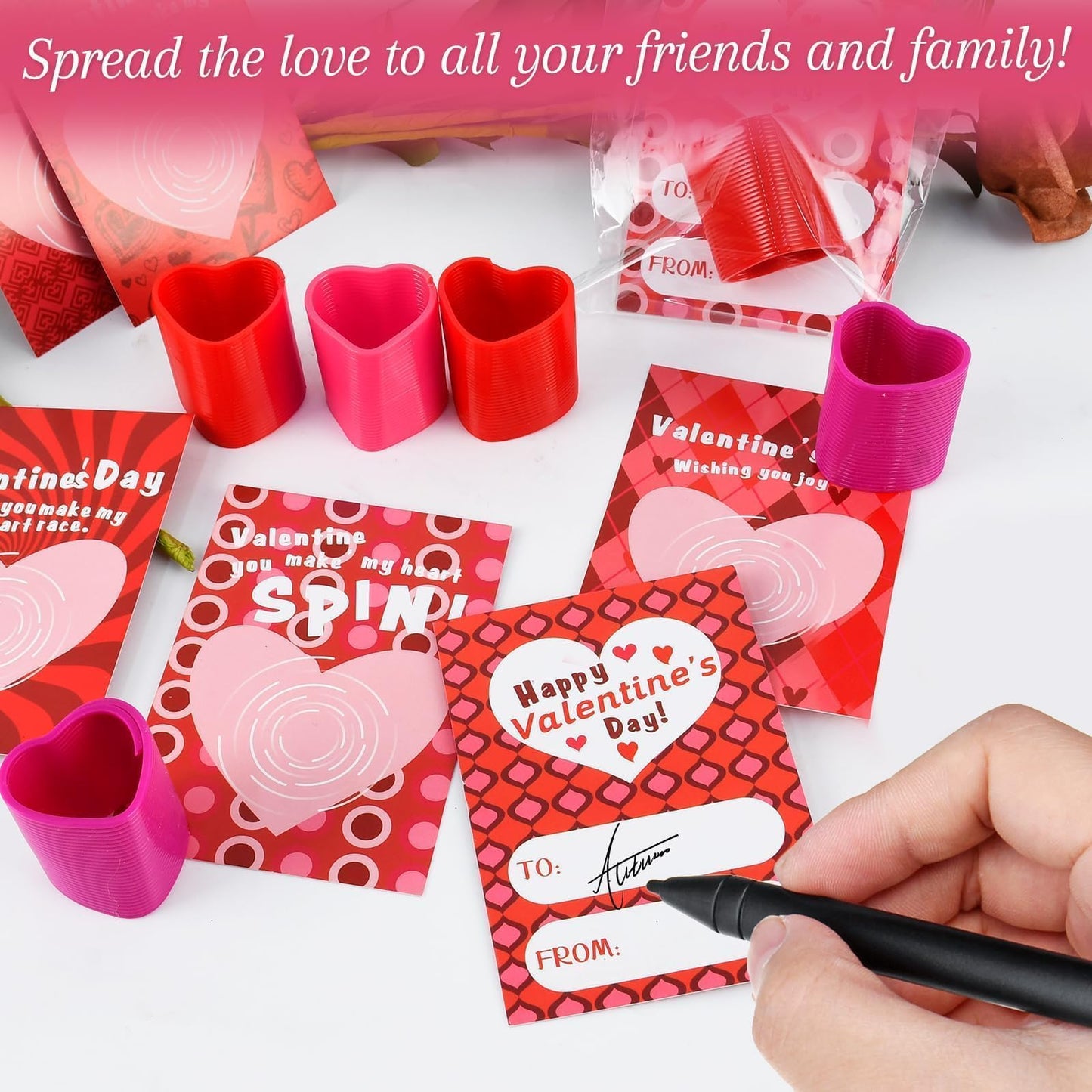 TATWOQ Valentine Fidget Toys 24 Pack with Cards – Heart Coil Springs for Classroom Gifts (Red, Pink, Purple)