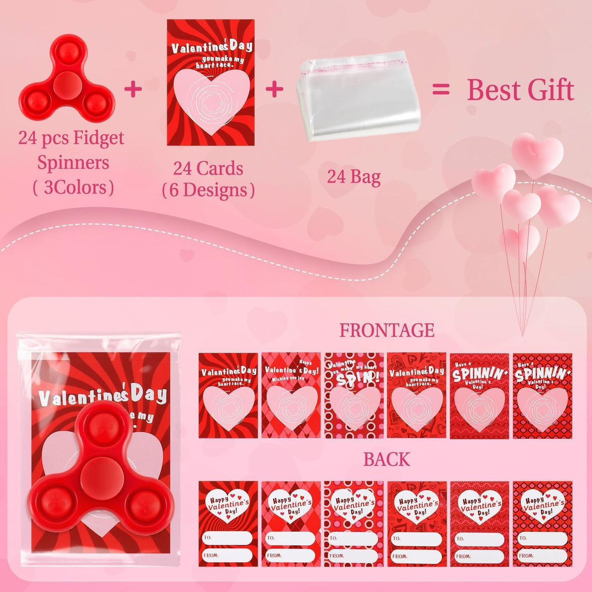 TATWOQ Valentines Day Fidget Spinners & Cards — 24-Pack Classroom Gifts (3 Colors)