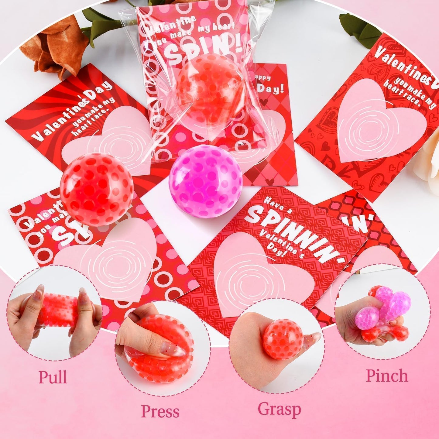 TATWOQ Valentines Day Stress Balls 32 Pack with Cards – Kids Gifts & Class Rewards