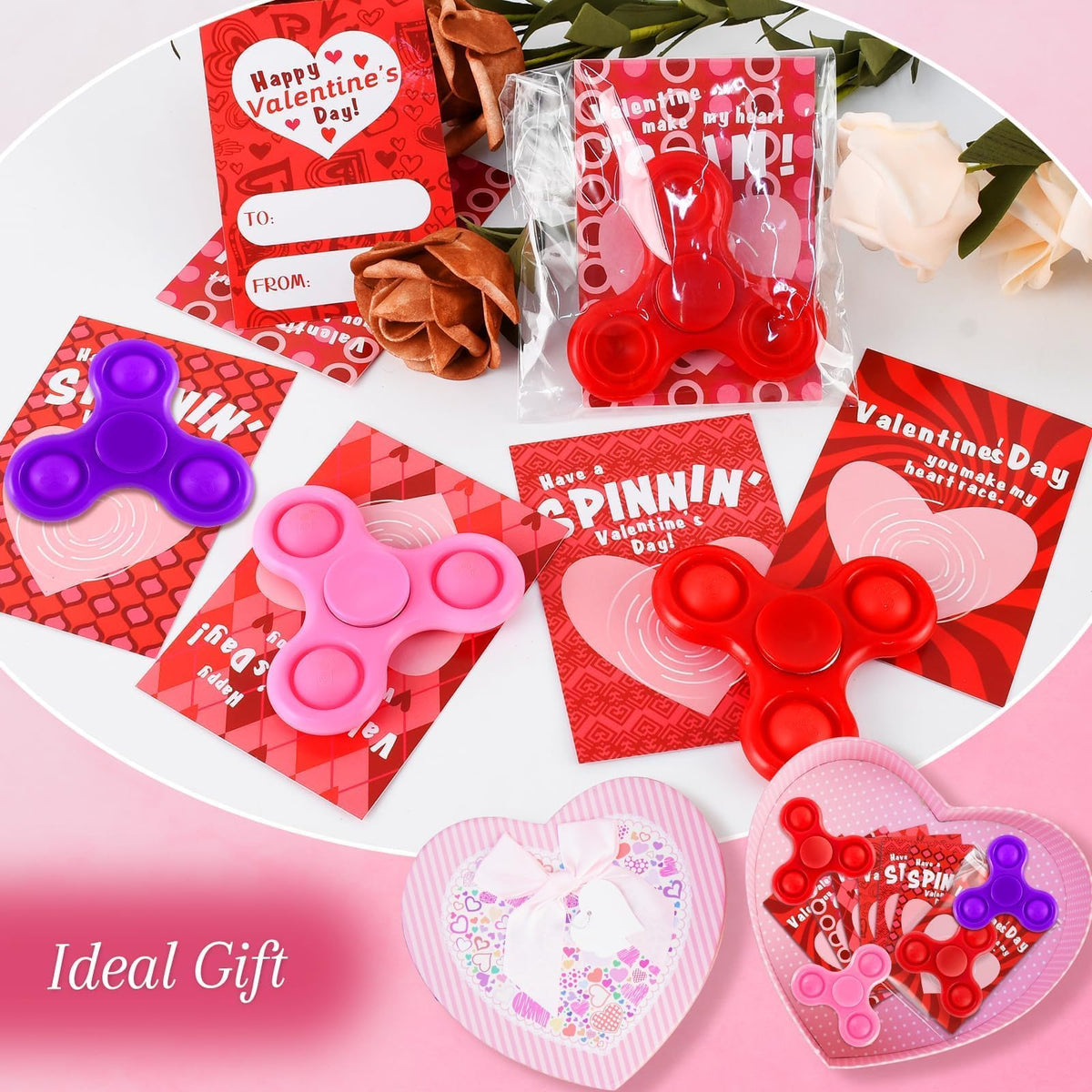 TATWOQ Valentines Day Fidget Spinners & Cards — 24-Pack Classroom Gifts (3 Colors)