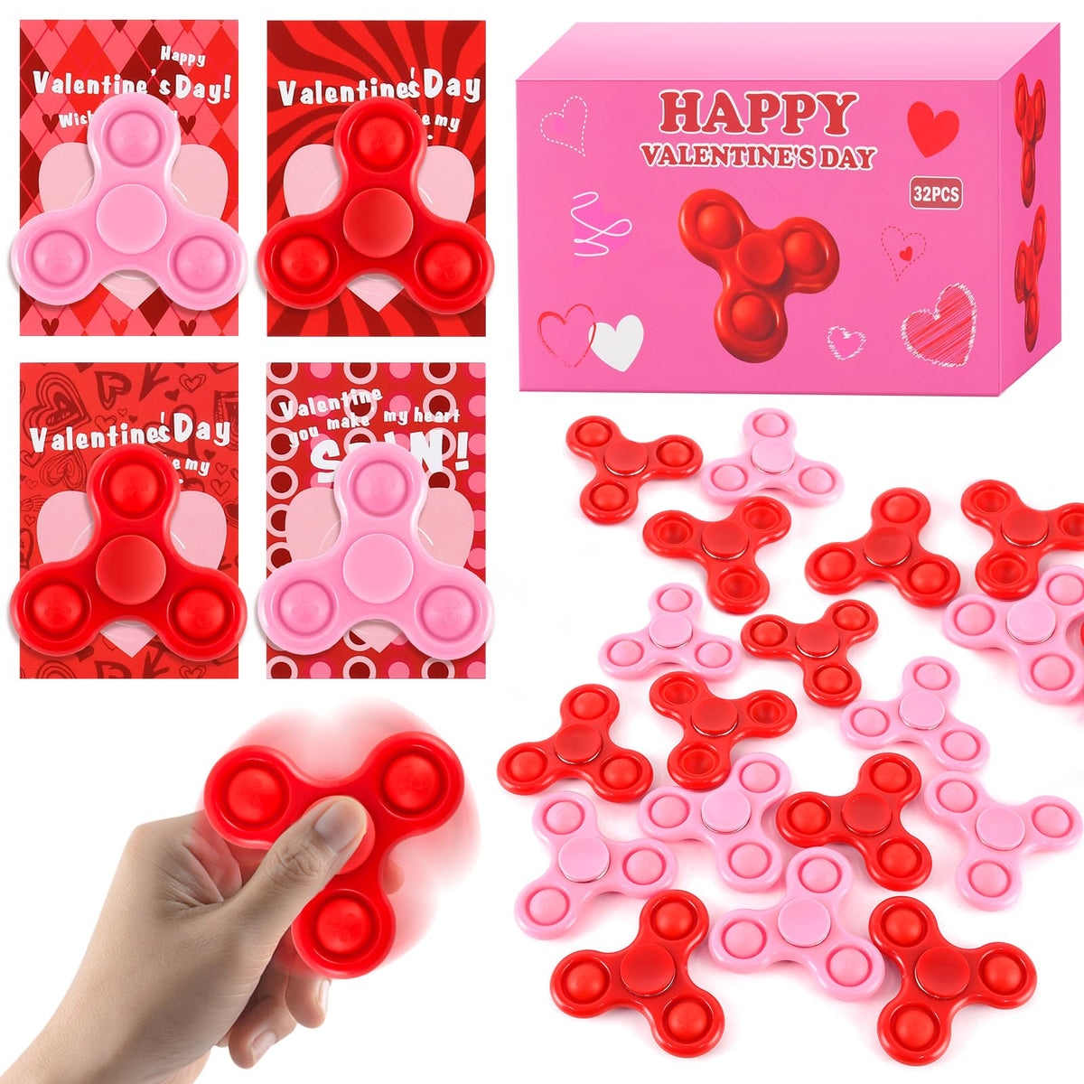 TATWOQ Valentines Day Fidget Spinners & Cards – 32-Piece Classroom Gift Set (Red & Pink)