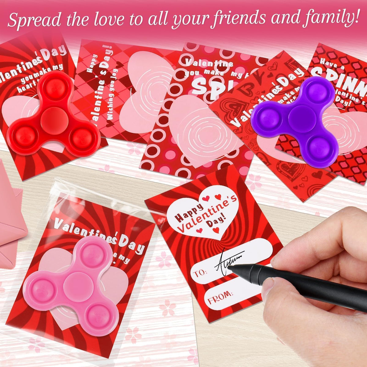 TATWOQ Valentines Day Fidget Spinners & Cards — 24-Pack Classroom Gifts (3 Colors)