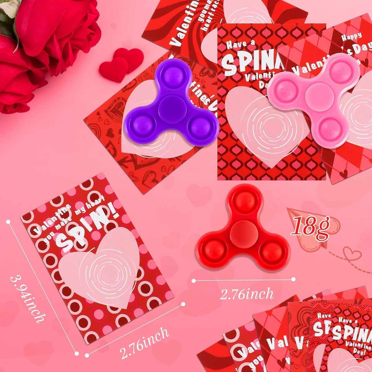 TATWOQ Valentines Day Fidget Spinners & Cards — 24-Pack Classroom Gifts (3 Colors)