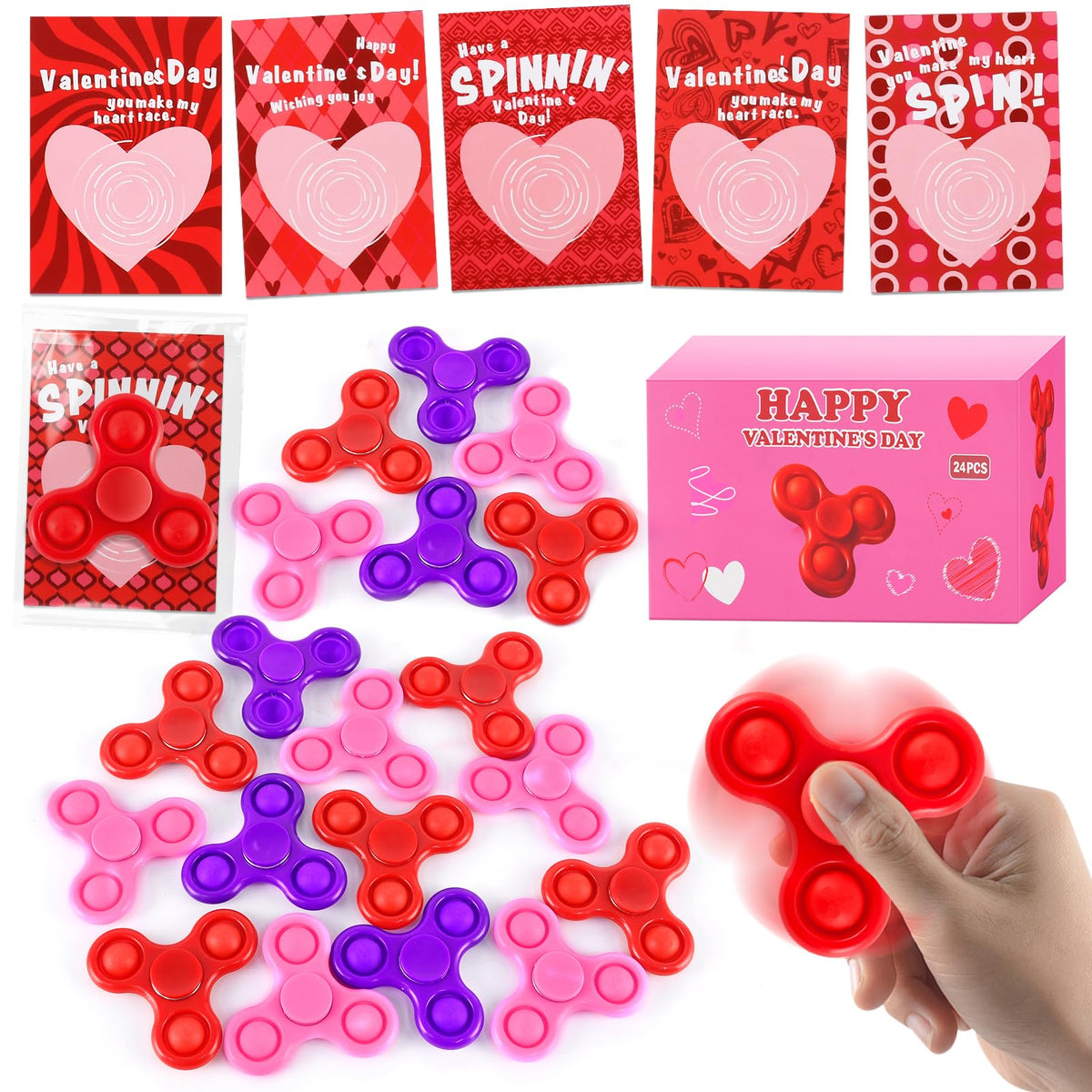 TATWOQ Valentines Day Fidget Spinners & Cards — 24-Pack Classroom Gifts (3 Colors)