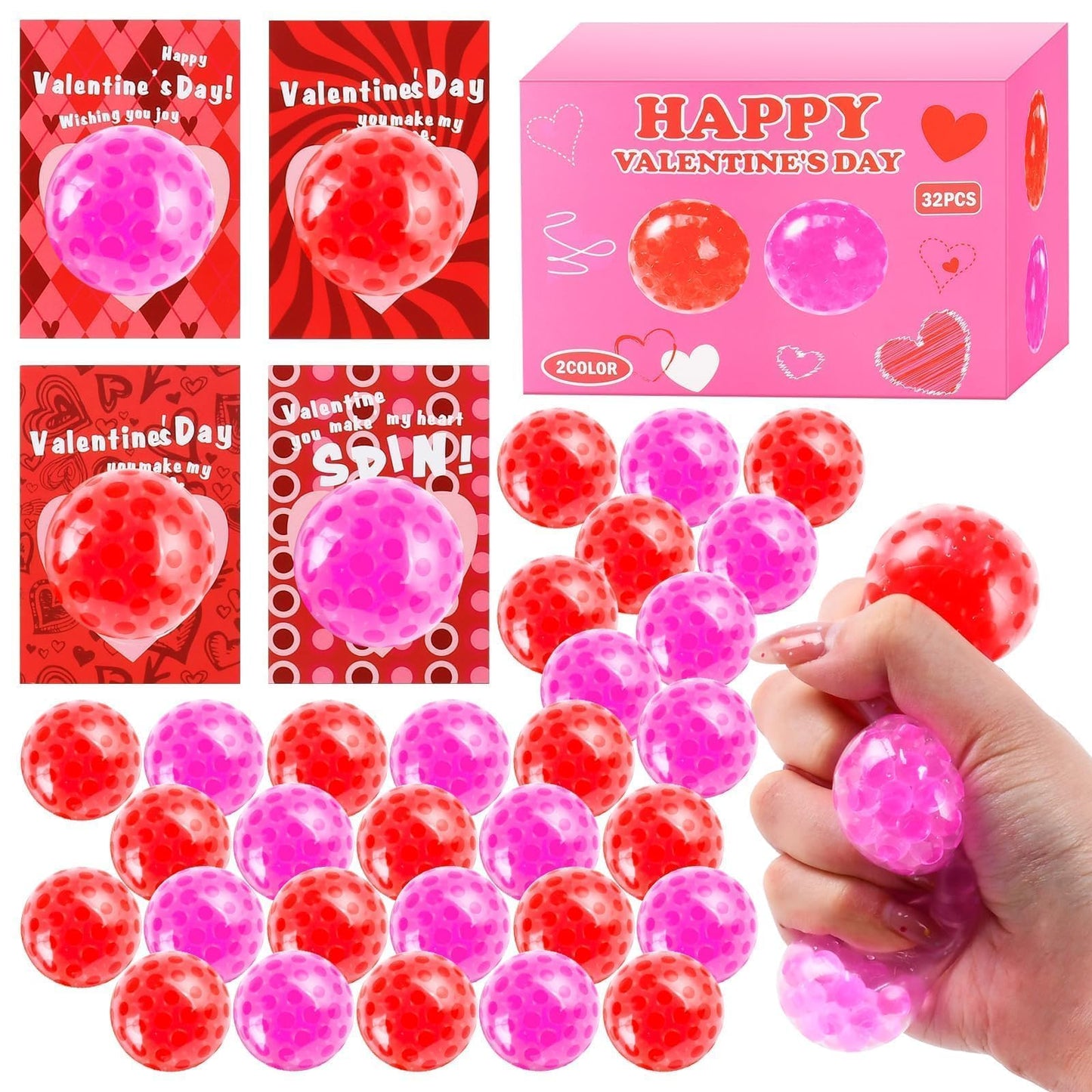 TATWOQ Valentines Day Stress Balls 32 Pack with Cards – Kids Gifts & Class Rewards