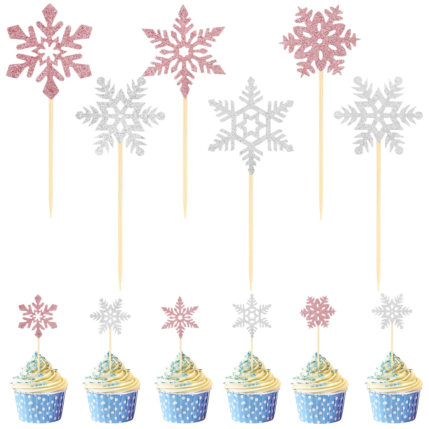 Tauywolci Snowflake Cupcake Toppers - 24 Glitter Pink & Silver Picks for Winter Wonderland & Christmas