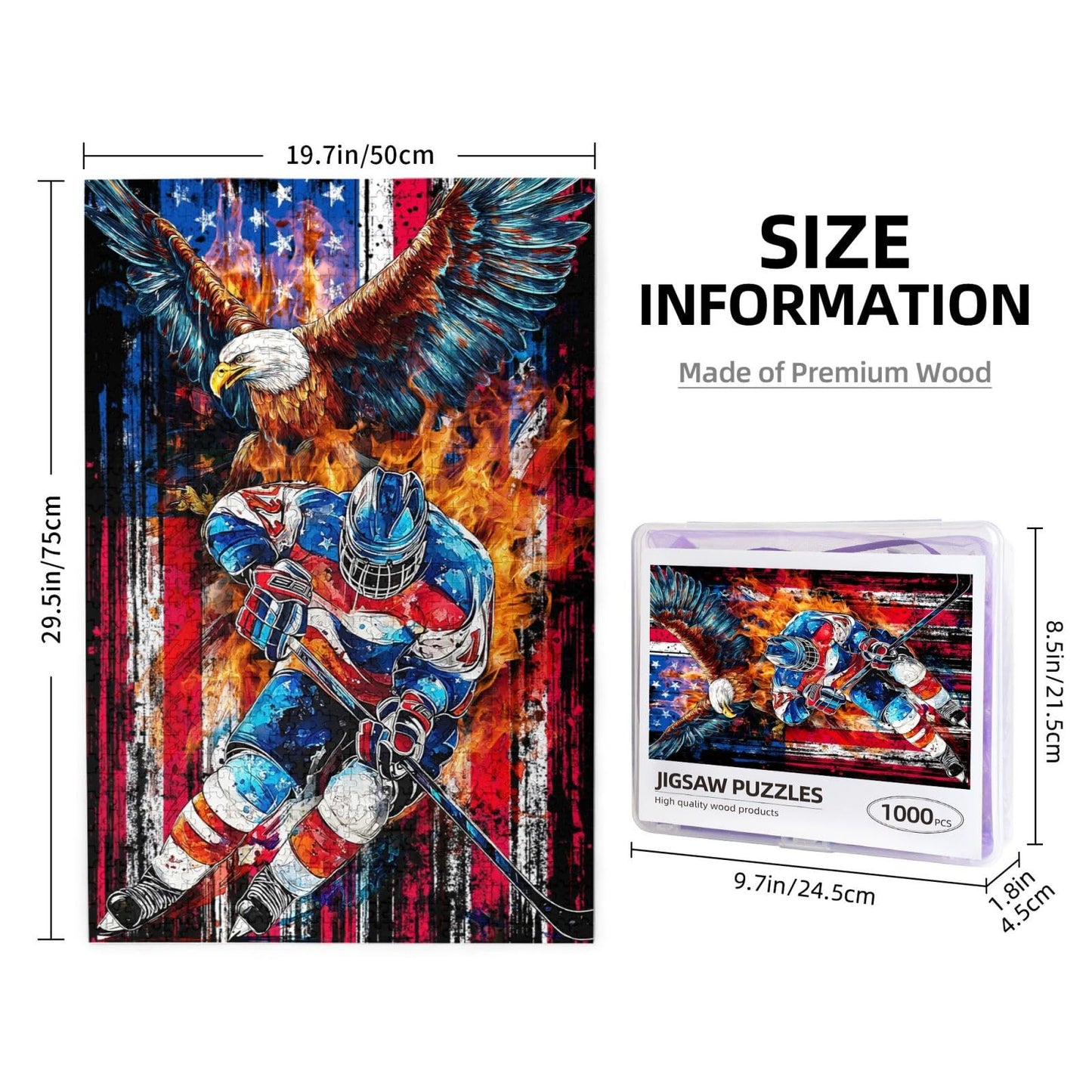 TavoIinda Hockey Puzzle 1000-Piece for Adults – American Flag, Ice Hockey & Eagle