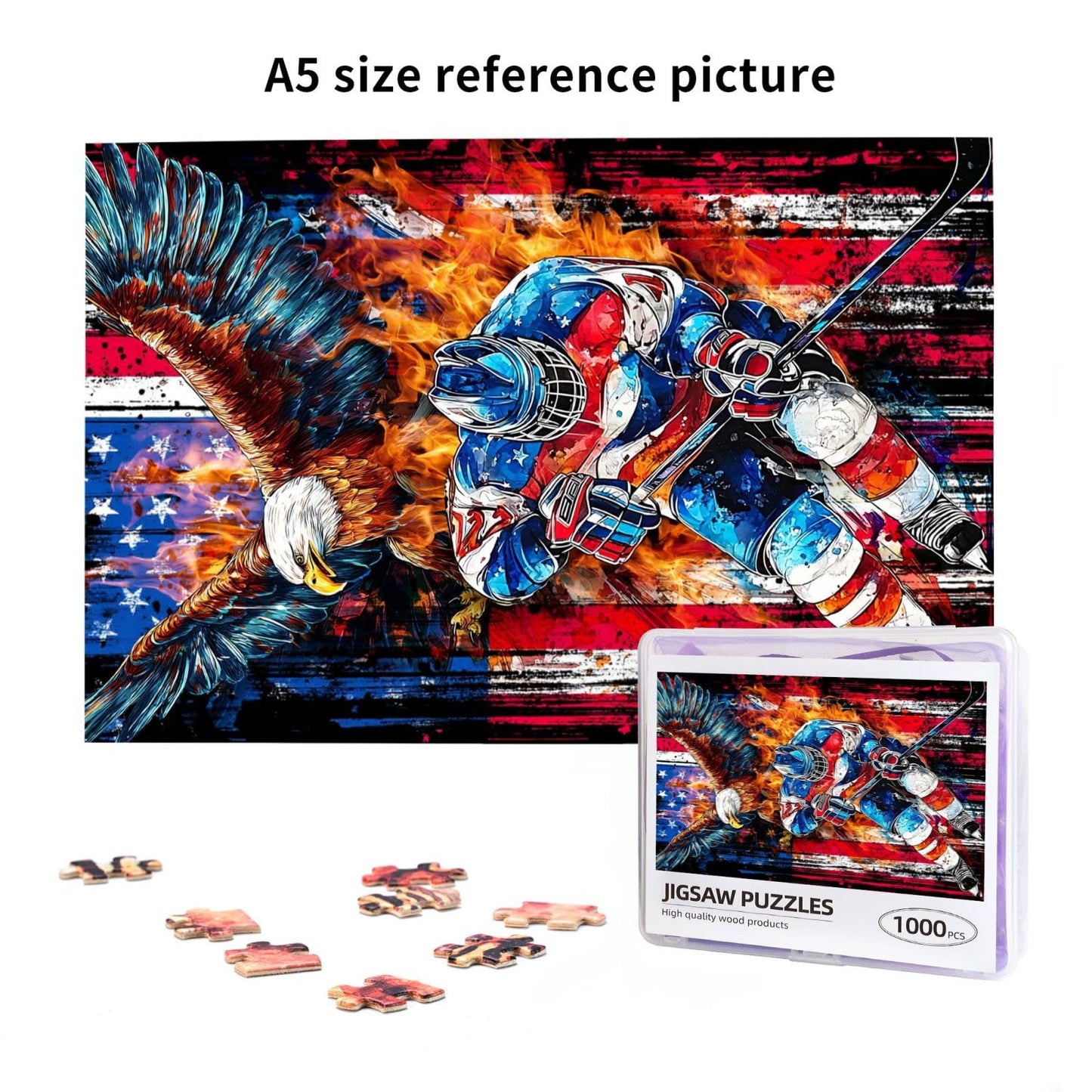 TavoIinda Hockey Puzzle 1000-Piece for Adults – American Flag, Ice Hockey & Eagle