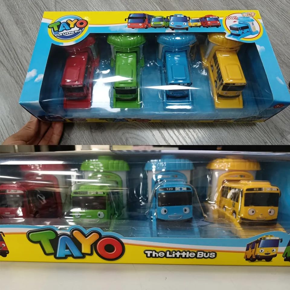 Tayo Bus Playset – 4-Color Battery-Free Toy with Garage Launcher for Kids 3+