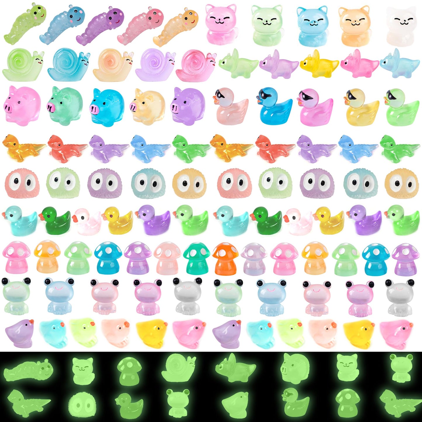 Tazimi 90 PCS Mini Resin Figurines – Glow in the Dark Decor for Garden, Dollhouse, Aquarium