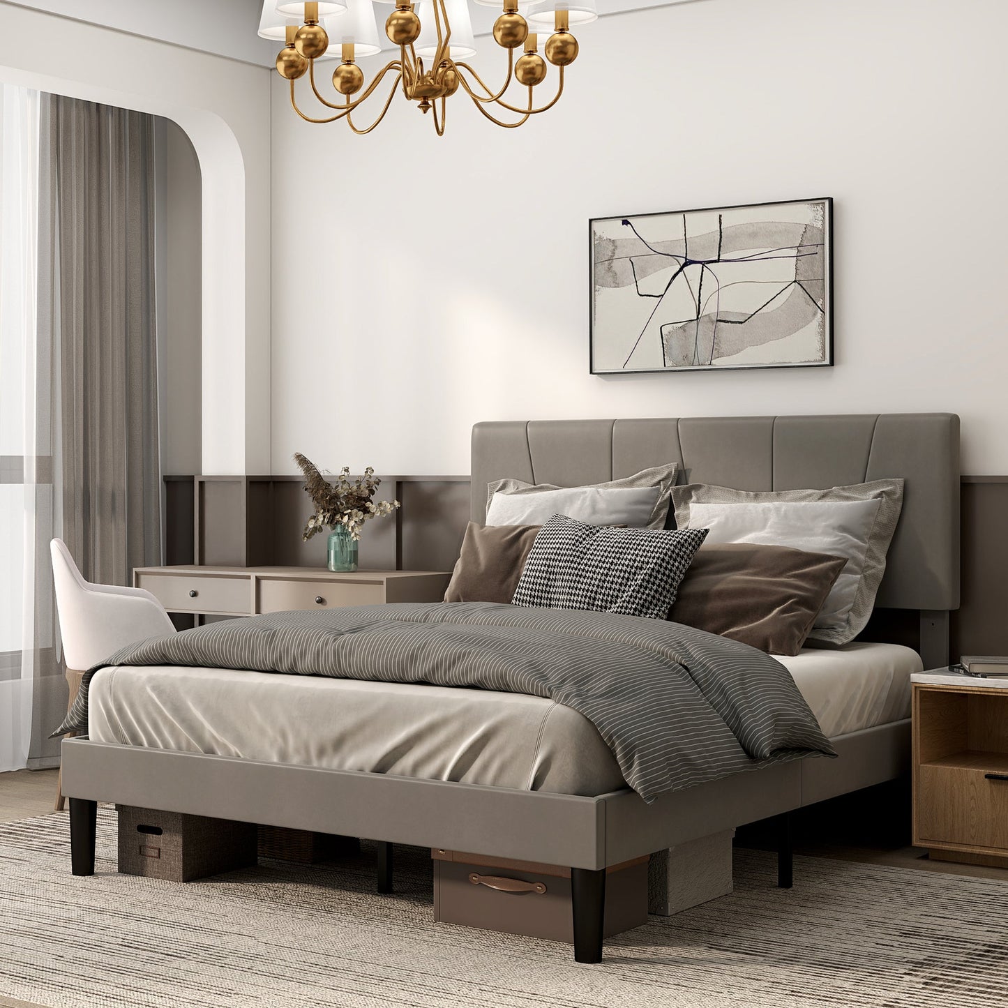 HOMCOM Double Bed Frame with 5-Level Adjustable Headboard Wooden Slats