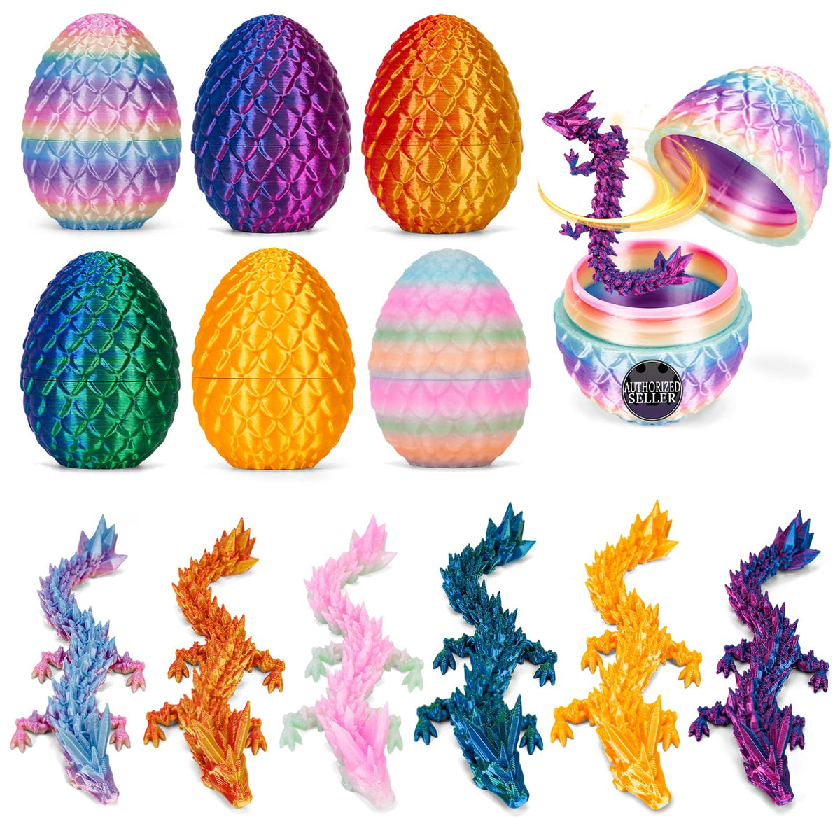 TBOLINE 6 Pack Dragon Eggs – Flexible Articulated Dragon Inside, 3D Printed Surprise Egg Toy