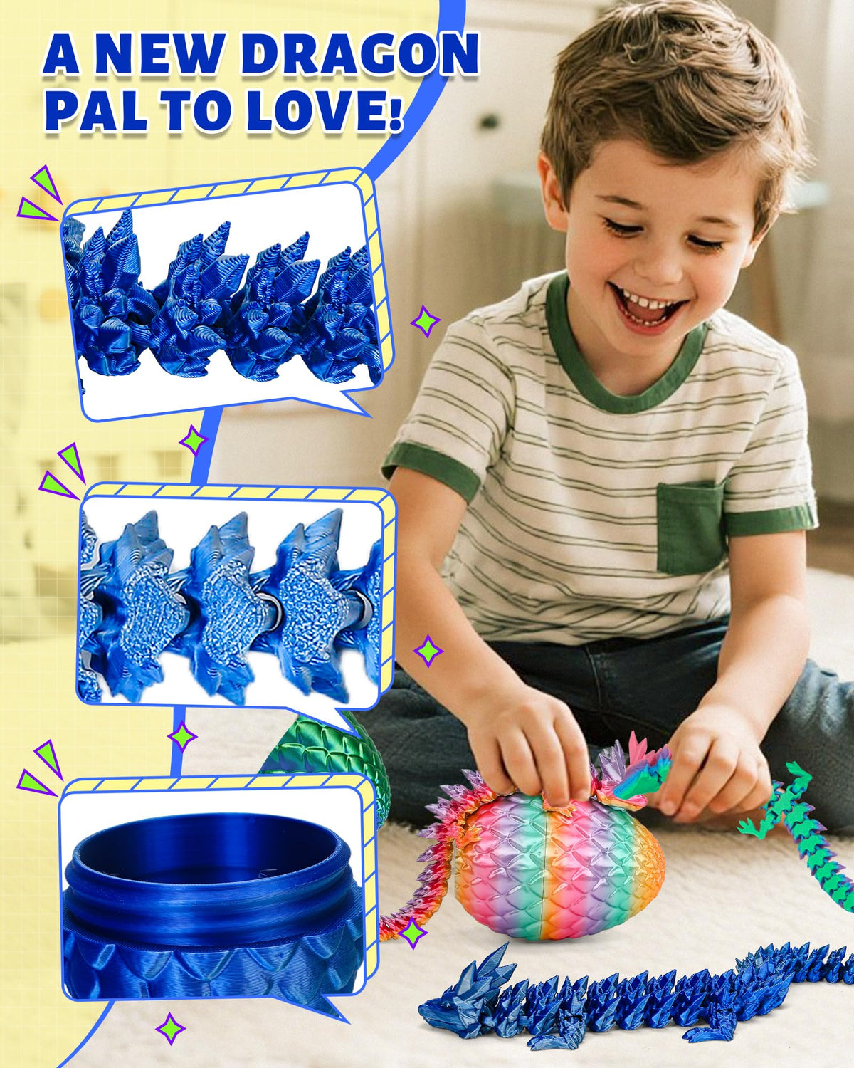 TBOLINE 12" Dragon Egg - 3D Printed Articulated Crystal Dragons, Surprise Fidget Toys for Kids